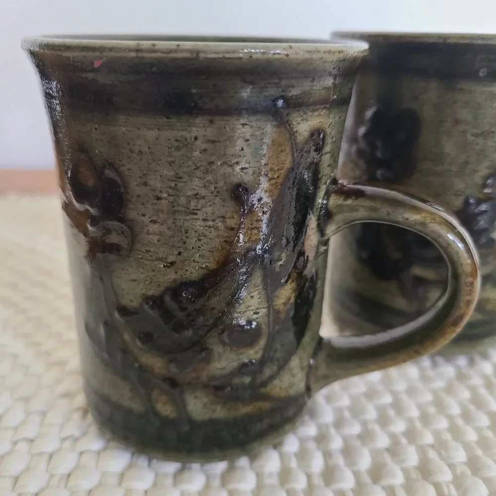 Vintage Handmade Brown Stoneware Glazed Pottery Coffee Mugs Tea Cups Eclectic